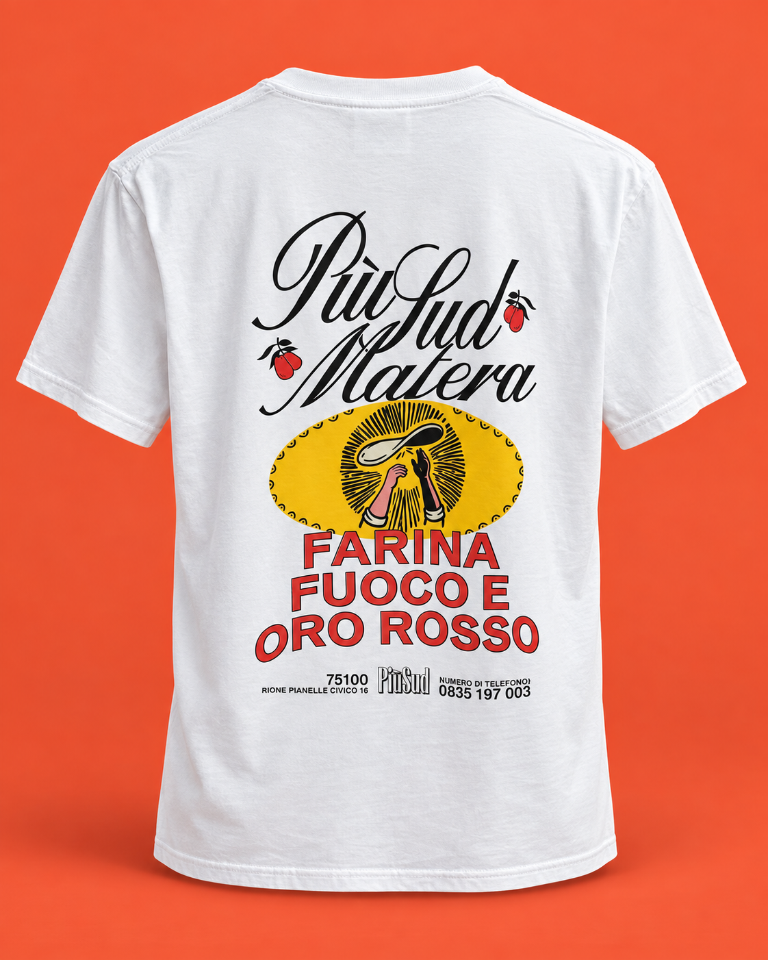 Retro della maglia Farina, fuoco e oro rosso, render editoriale
